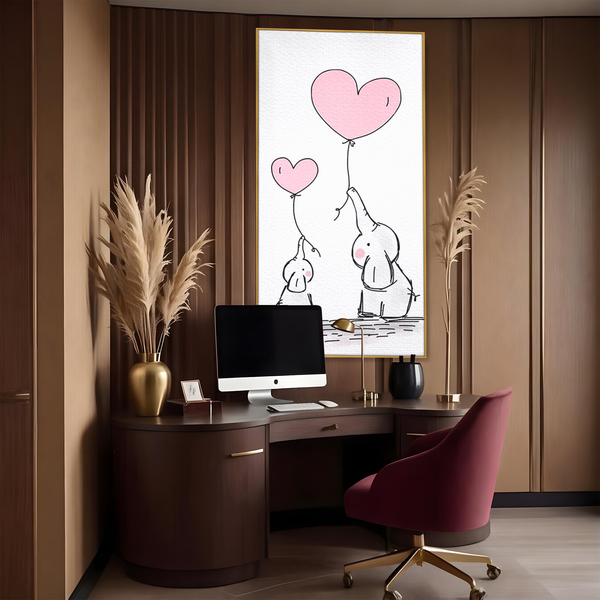 Tablou canvas cu ilustratie cu elefanti si baloane, in rama de aluminiu auriu, pe perete intr-un birou